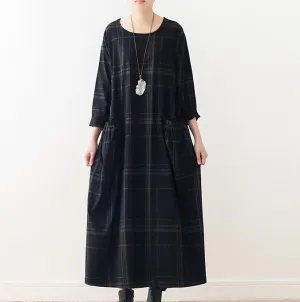 Plaid Spring Cotton Linen Loose Long Dresses Plus Size AMT962328