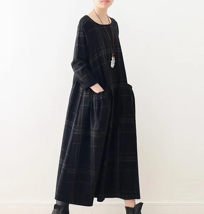 Plaid Spring Cotton Linen Loose Long Dresses Plus Size AMT962328