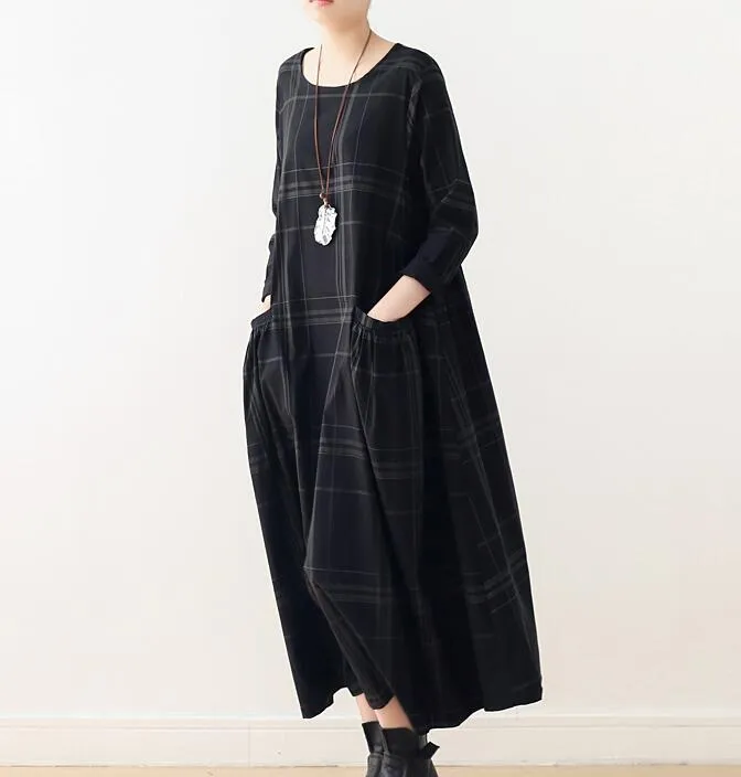 Plaid Spring Cotton Linen Loose Long Dresses Plus Size AMT962328