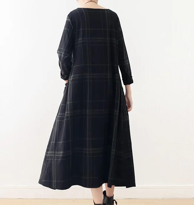 Plaid Spring Cotton Linen Loose Long Dresses Plus Size AMT962328