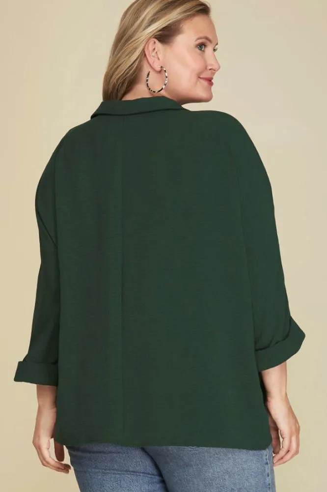 Plus 3/4 Sleeve Collared Woven Top in Sea Green by She   Sky