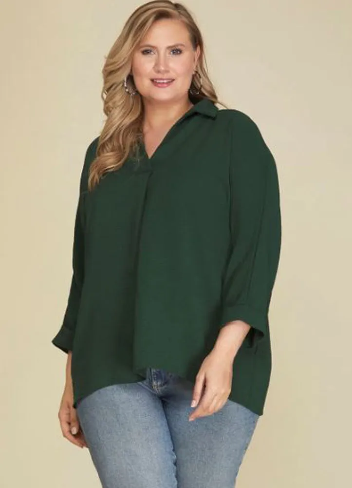 Plus 3/4 Sleeve Collared Woven Top in Sea Green by She   Sky