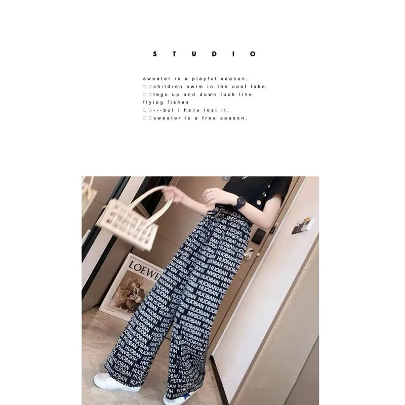 Print Retro Letter Thin High-Waisted Straight Niche Draping Pants