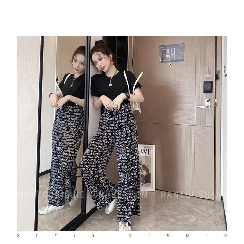 Print Retro Letter Thin High-Waisted Straight Niche Draping Pants