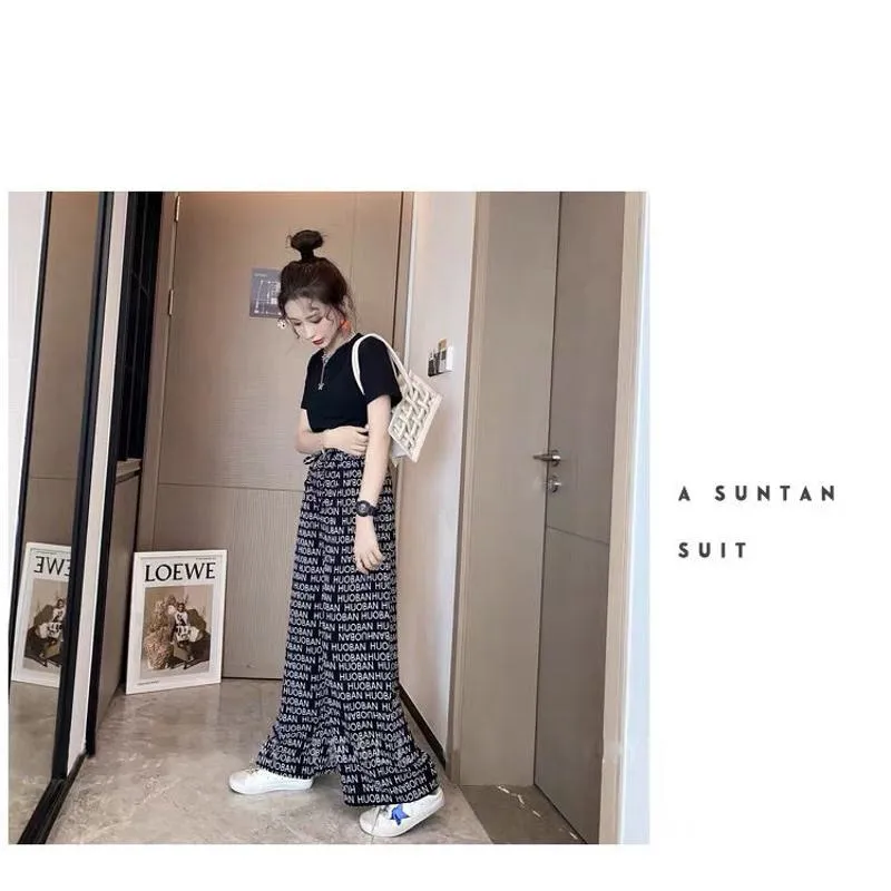 Print Retro Letter Thin High-Waisted Straight Niche Draping Pants