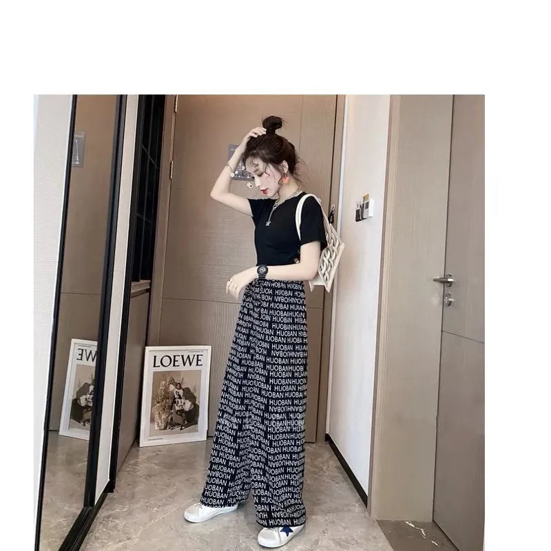 Print Retro Letter Thin High-Waisted Straight Niche Draping Pants