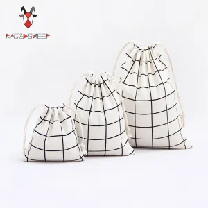 Raged Sheep Fashion Drawstring Cotton Grocery Shopping Bags Folding Lattice Shopping Cart Eco Grab Reusable Bag Feeding Bottle