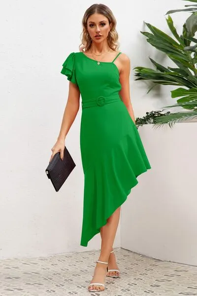 Ruffled Asymmetrical Neck Flutter Sleeve Dress