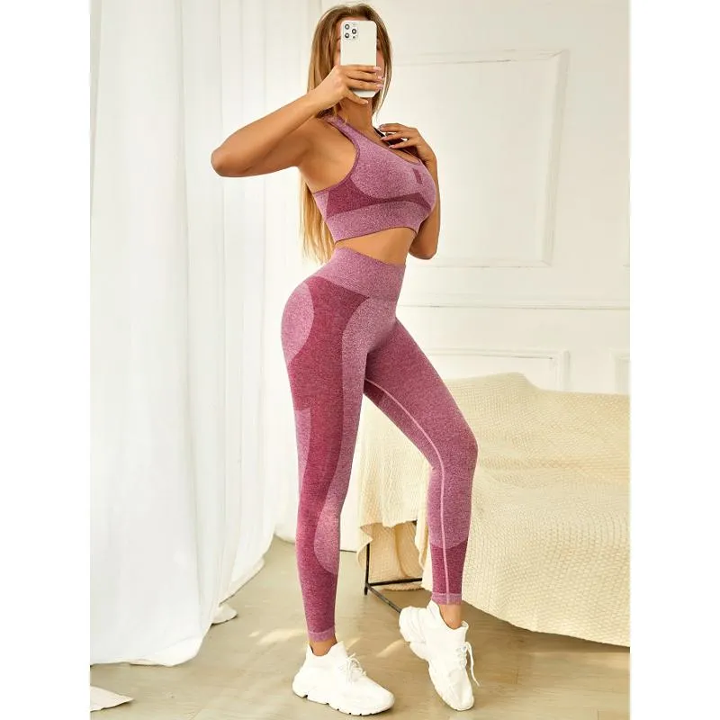 Seamless Yoga Suit Sports Color Block Running Hollowed-Out Sports Set