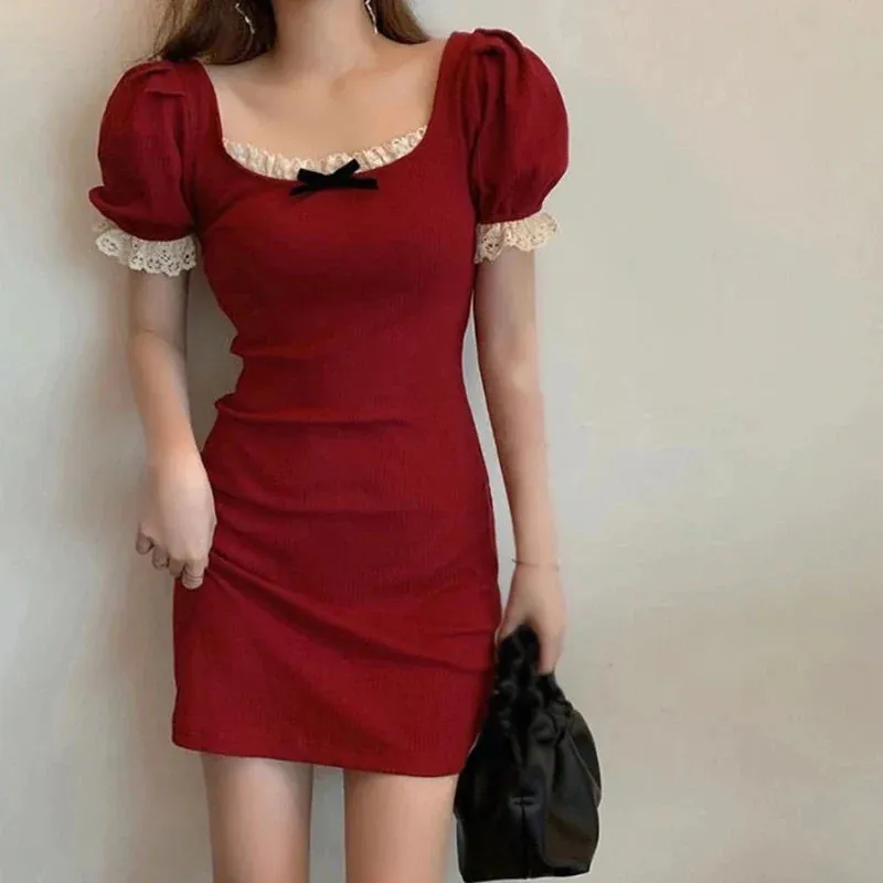 Sleeved Sweet Cinched Short Casual Summer Lace Waist Square Neck Bubble Dress