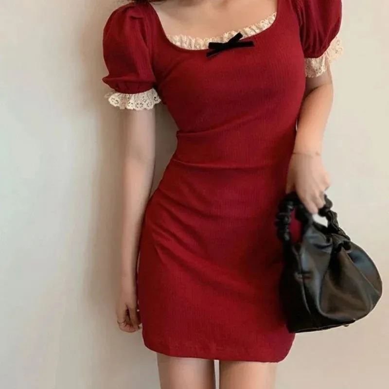 Sleeved Sweet Cinched Short Casual Summer Lace Waist Square Neck Bubble Dress