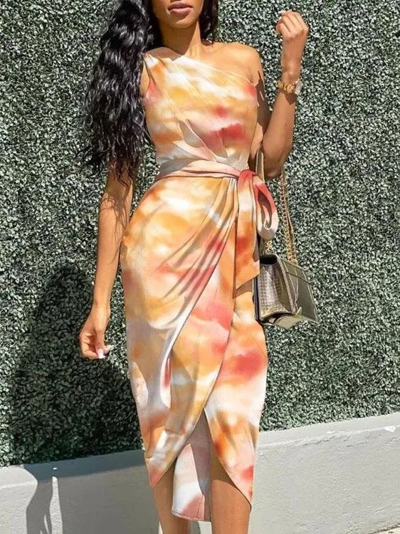 Sleeveless Oblique Shoulder Gradient Irregular Dress