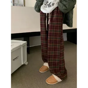 Slimming Straight Plaid Woolen Loose Fit Retro Pants