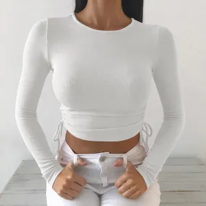 Solid O-Neck Basic Crop Top Fitness Drawstring Knitted Long Sleeve