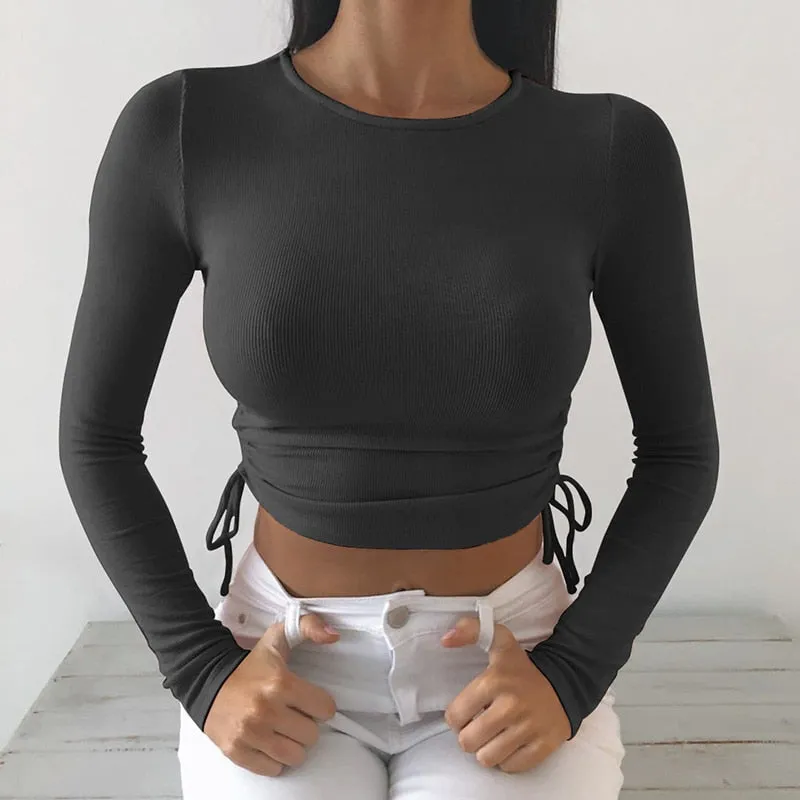 Solid O-Neck Basic Crop Top Fitness Drawstring Knitted Long Sleeve