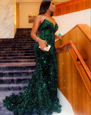 Sparkly Sequin Green Long Mermaid Evening Dresses Black Women