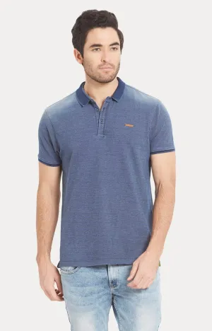 Spykar Blue Melange Slim Fit Polo Tshirt For Men