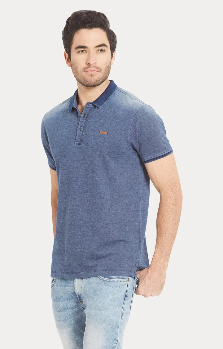 Spykar Blue Melange Slim Fit Polo Tshirt For Men