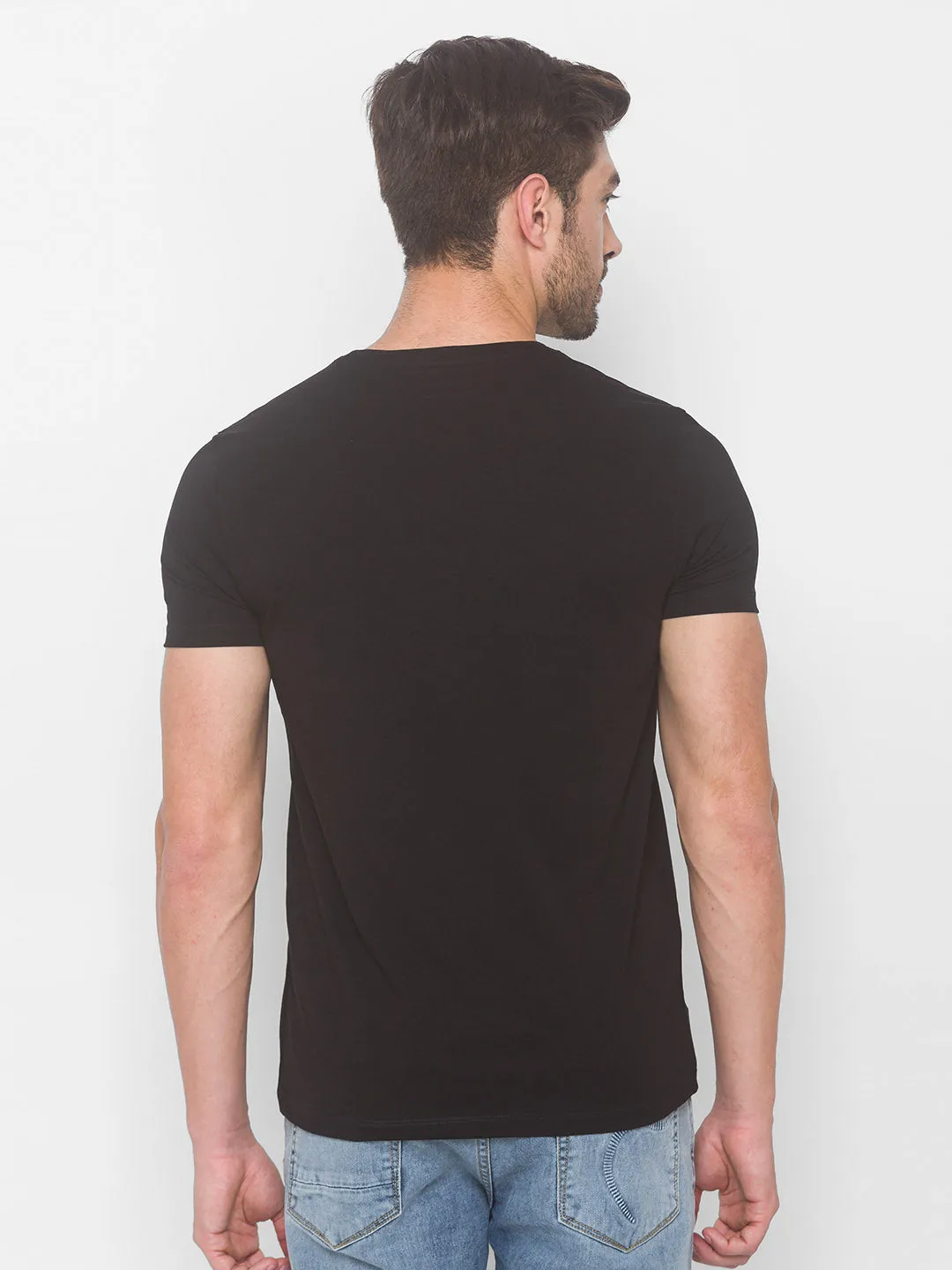 Spykar Men Black Cotton Blend Slim Fit Round Neck T-Shirt