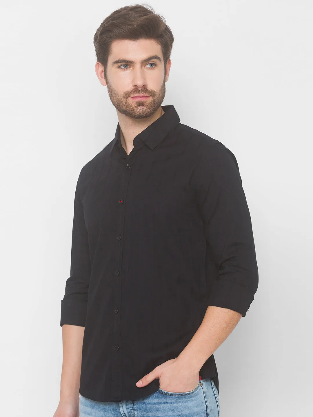 Spykar Men Black Cotton Casual Slim Fit Shirt