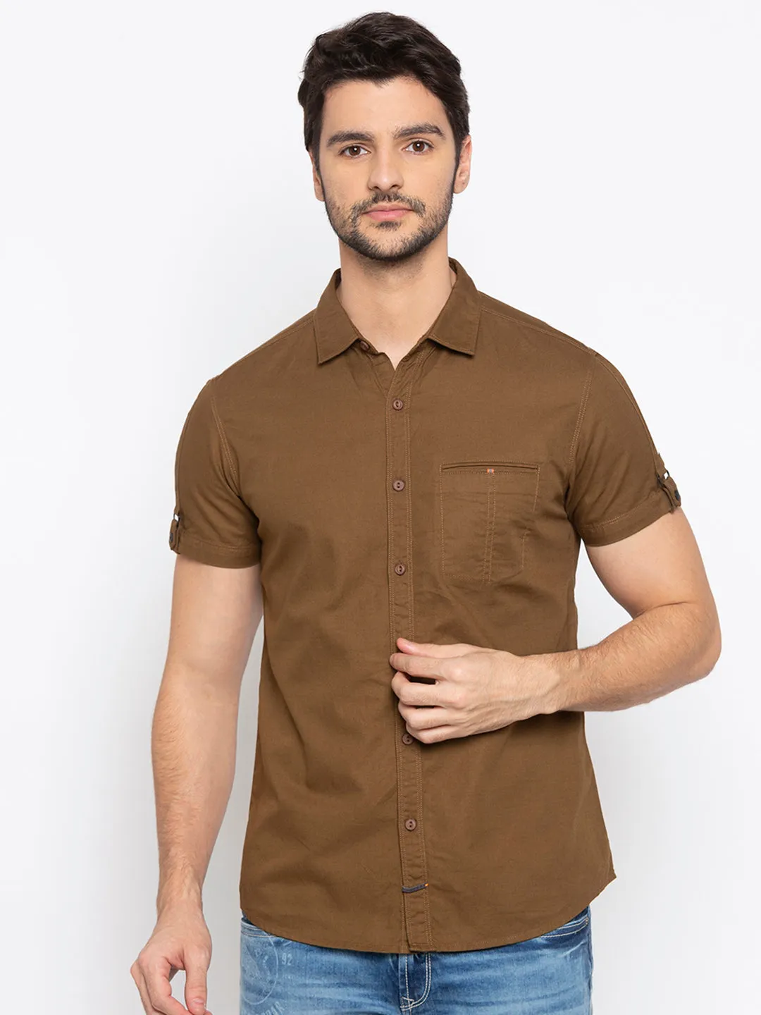 Spykar Men Brown Solid Casual Shirt