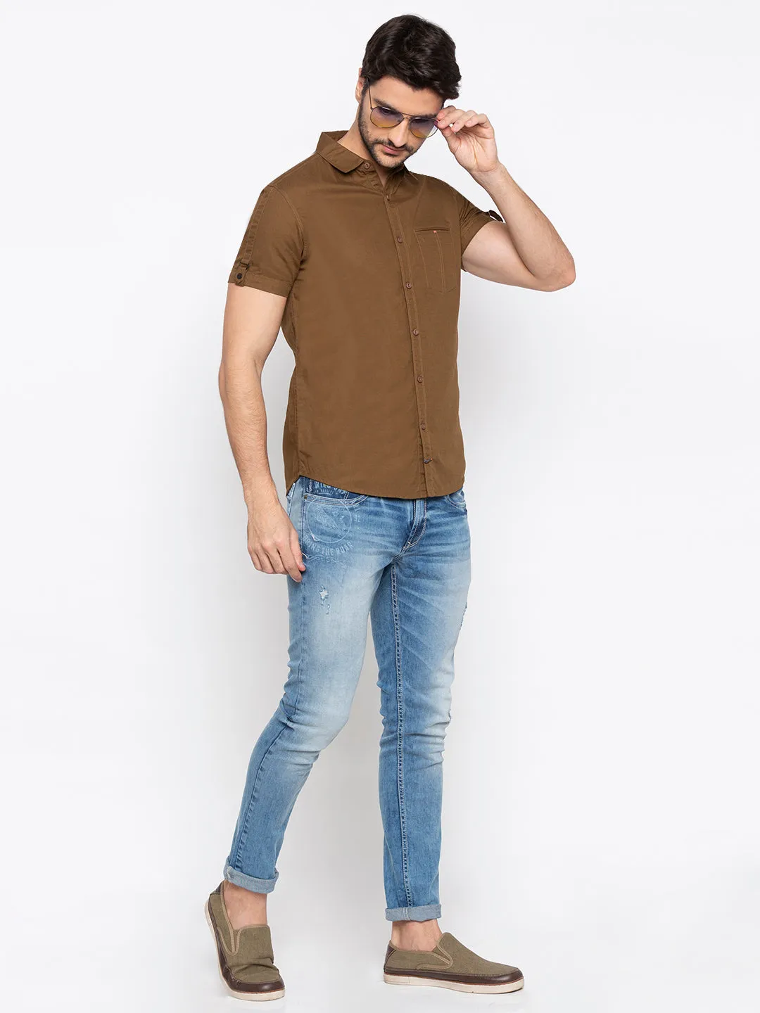 Spykar Men Brown Solid Casual Shirt