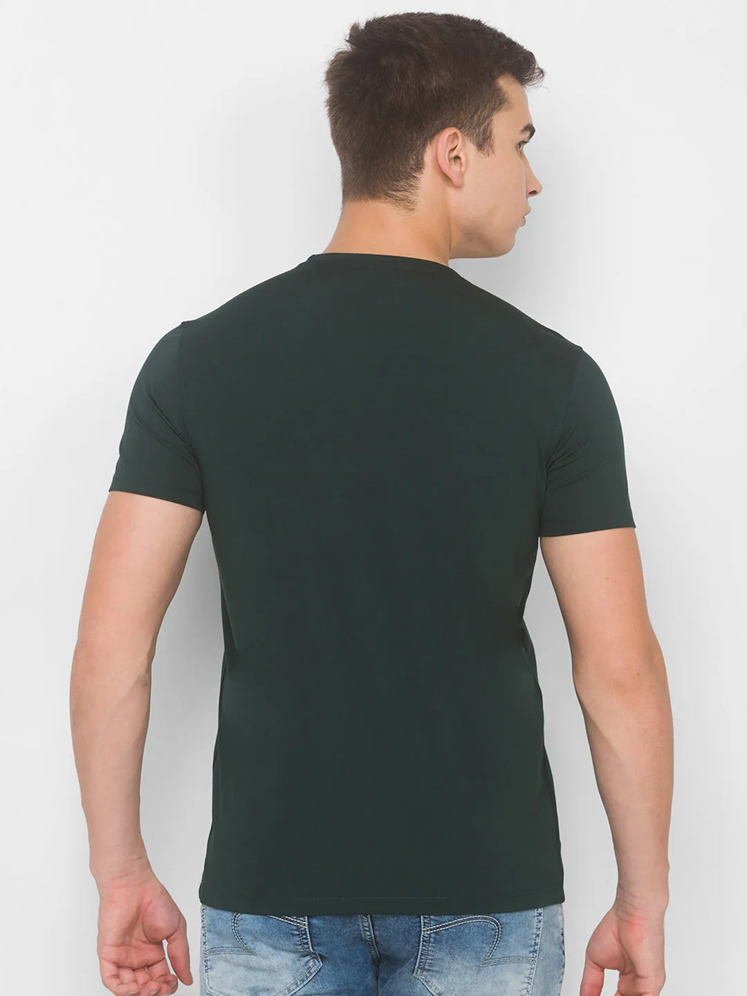 Spykar Men Green Cotton Blend Slim Fit Round Neck T-Shirt