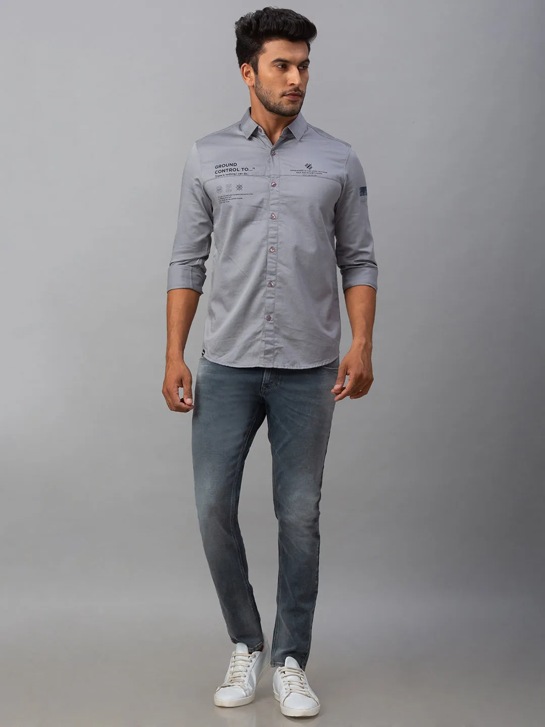 Spykar Men Grey Cotton Slim Fit Shirt