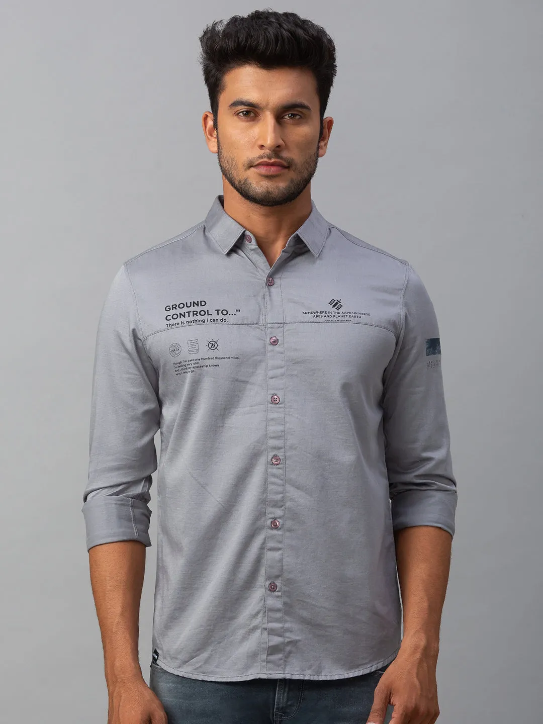 Spykar Men Grey Cotton Slim Fit Shirt