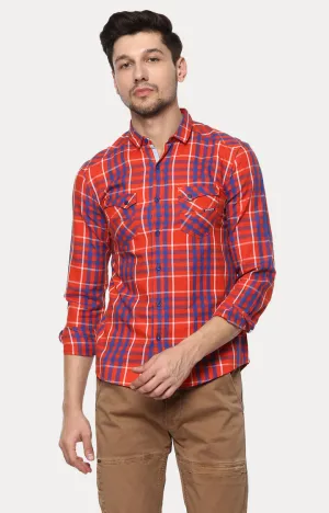 Spykar Men Orange Checked Slim Fit Casual Shirt