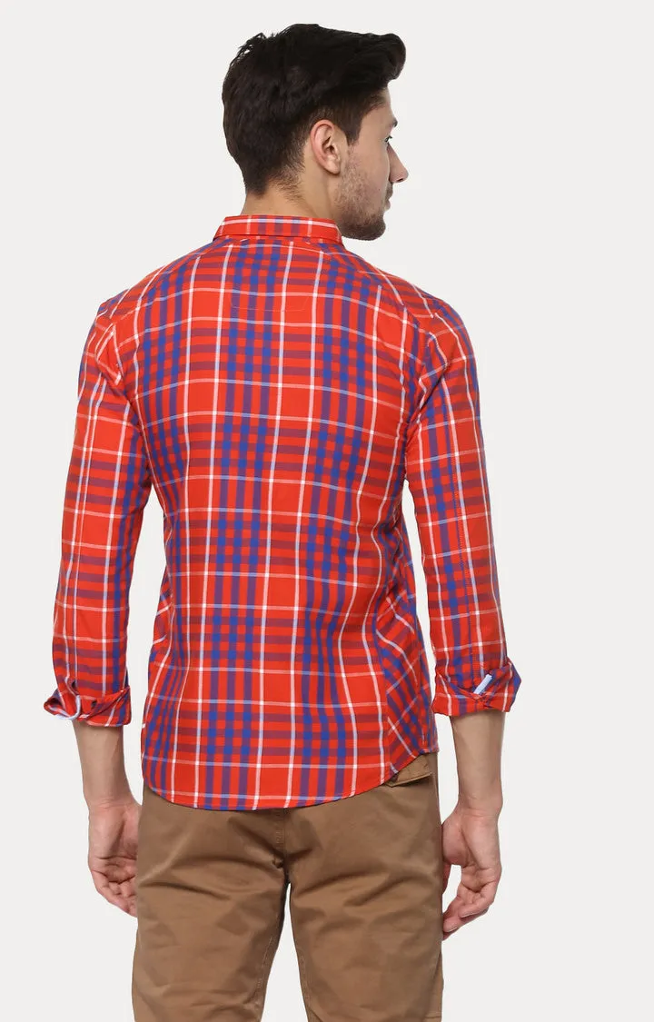 Spykar Men Orange Checked Slim Fit Casual Shirt