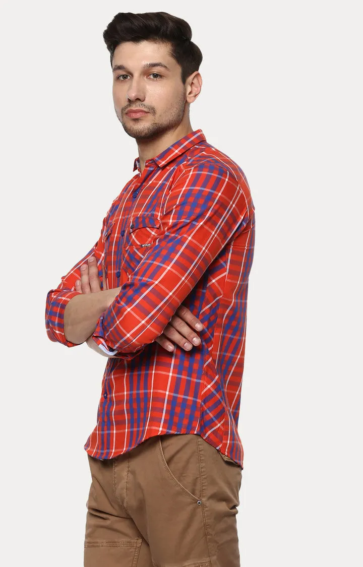 Spykar Men Orange Checked Slim Fit Casual Shirt