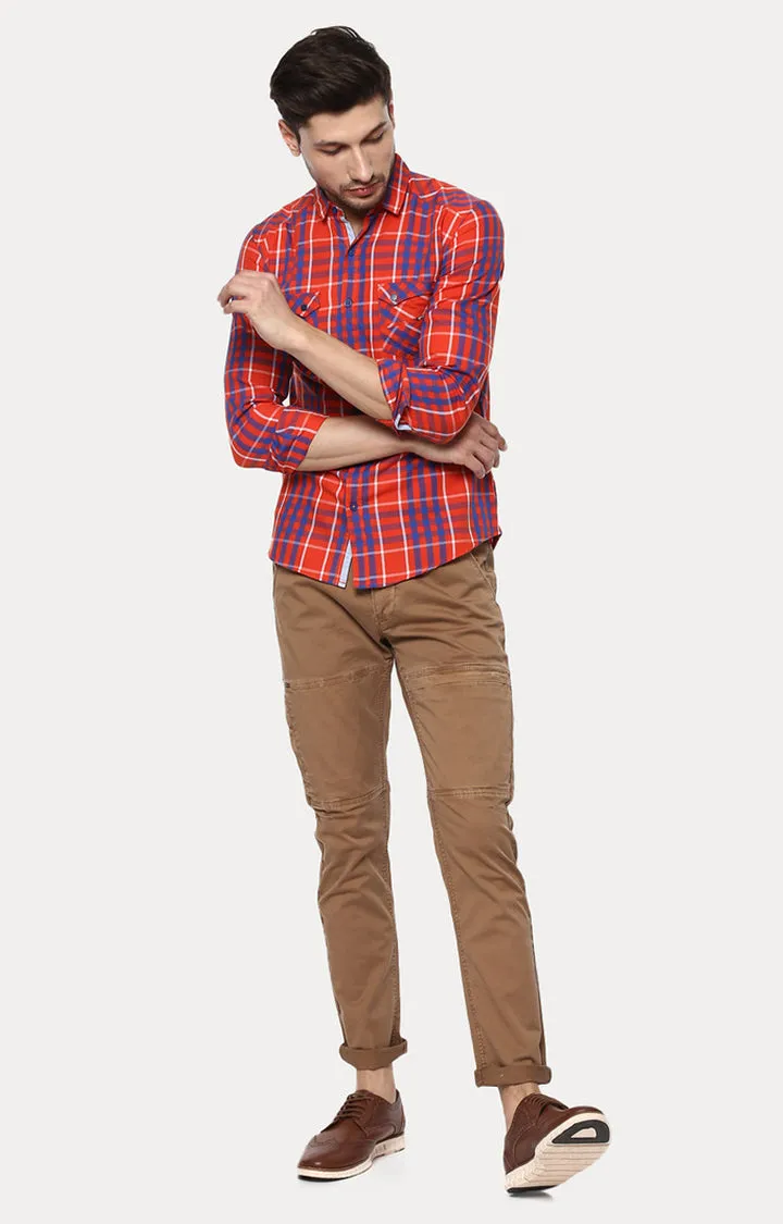 Spykar Men Orange Checked Slim Fit Casual Shirt