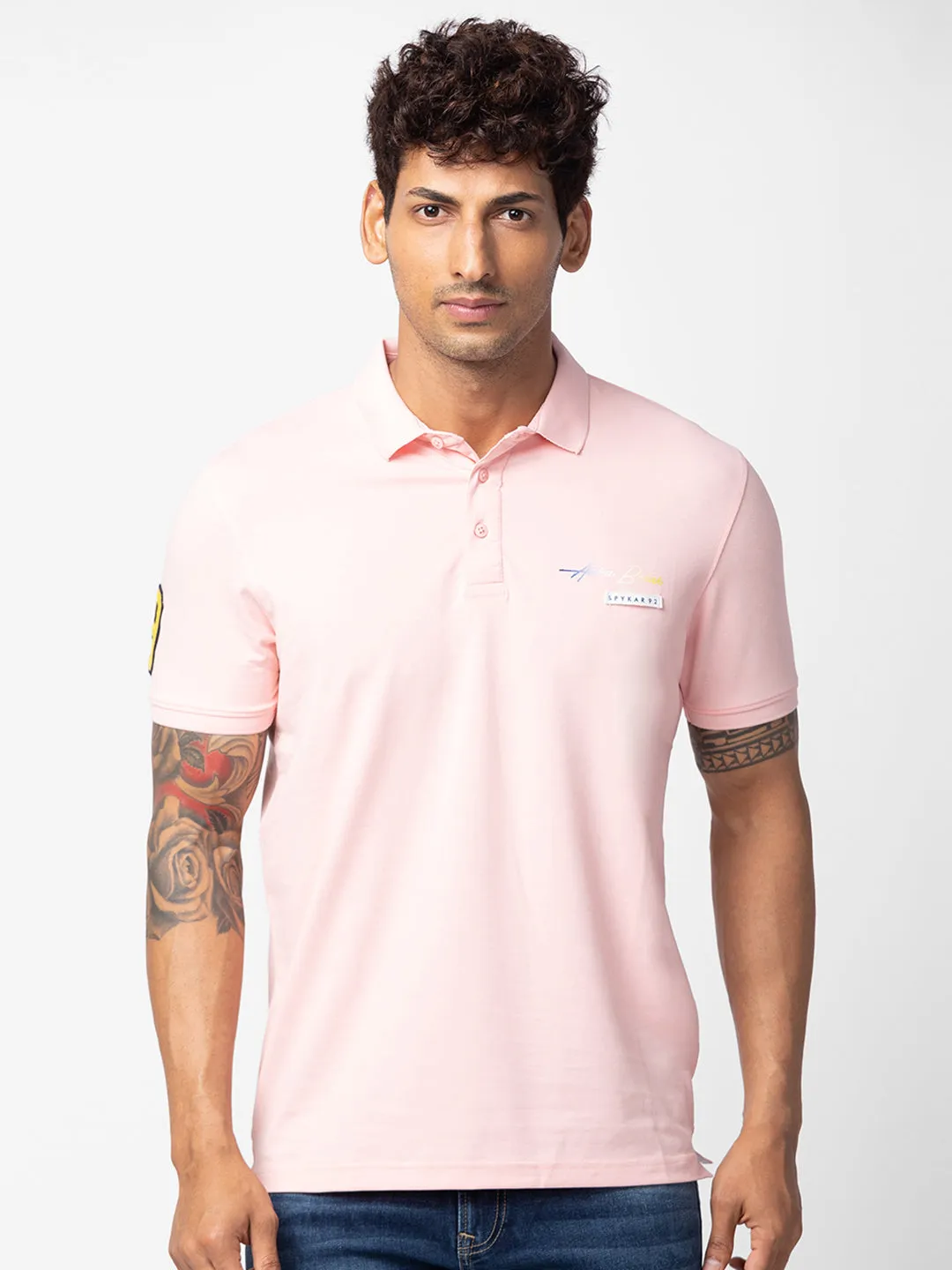 Spykar Men Peach Cotton Regular Fit Half Sleeve Plain Polo T-Shirt