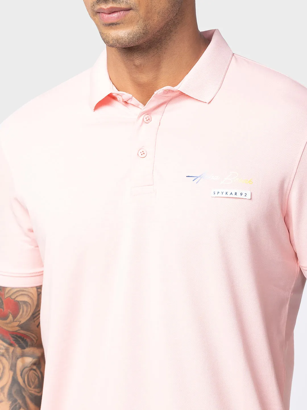 Spykar Men Peach Cotton Regular Fit Half Sleeve Plain Polo T-Shirt