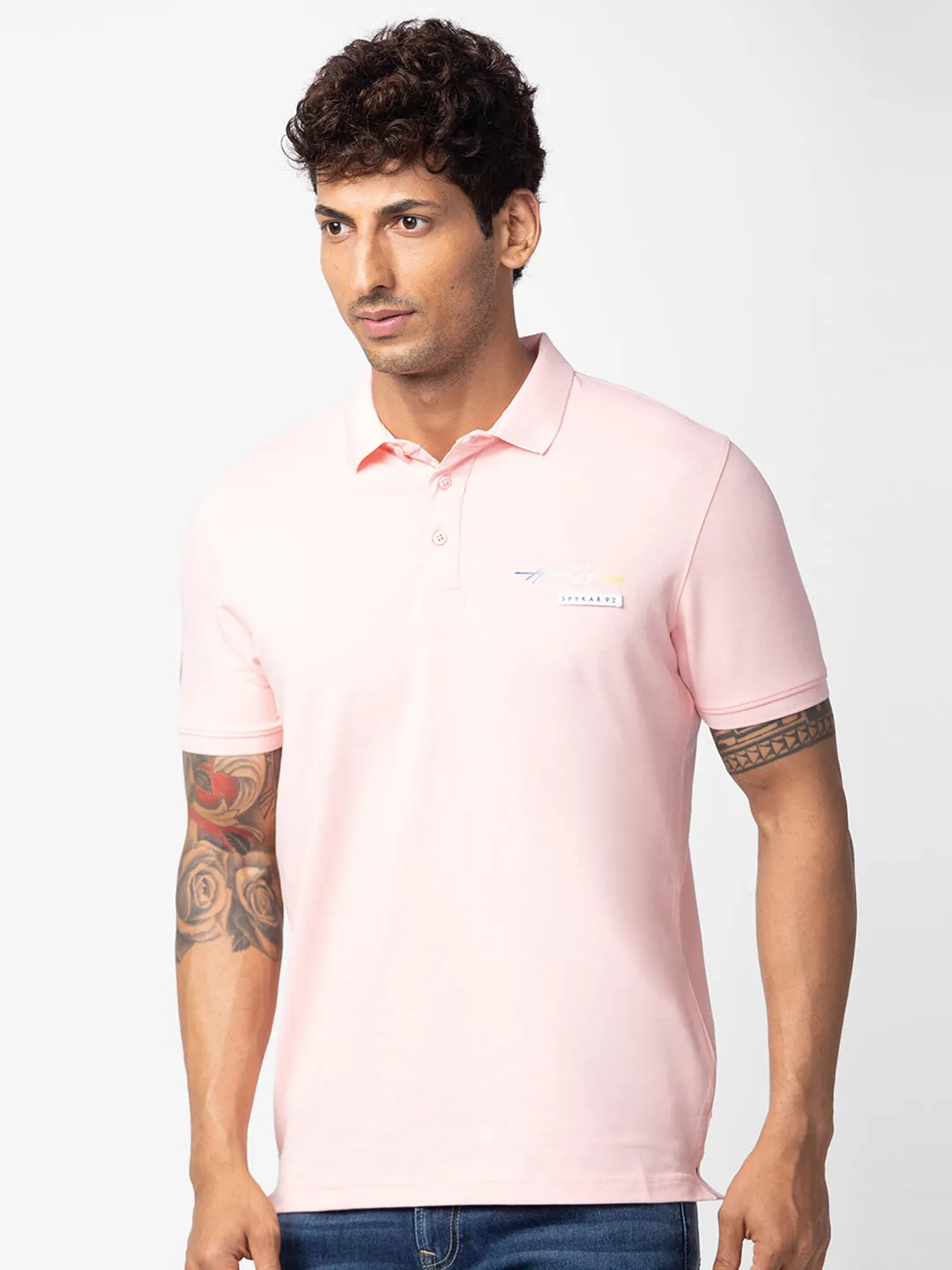 Spykar Men Peach Cotton Regular Fit Half Sleeve Plain Polo T-Shirt