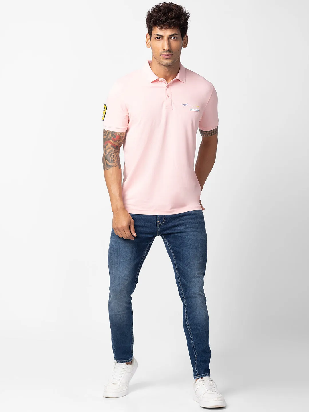 Spykar Men Peach Cotton Regular Fit Half Sleeve Plain Polo T-Shirt