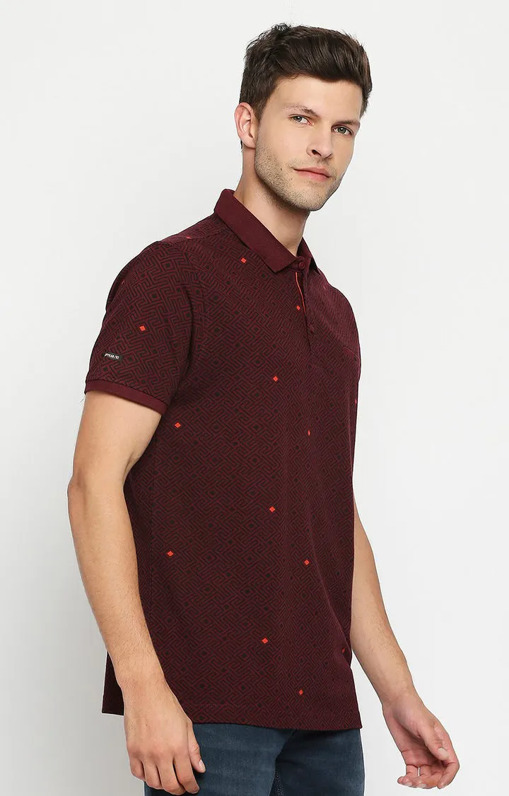 Spykar Men Red Cotton Slim Fit Round Neck Polo T-Shirt