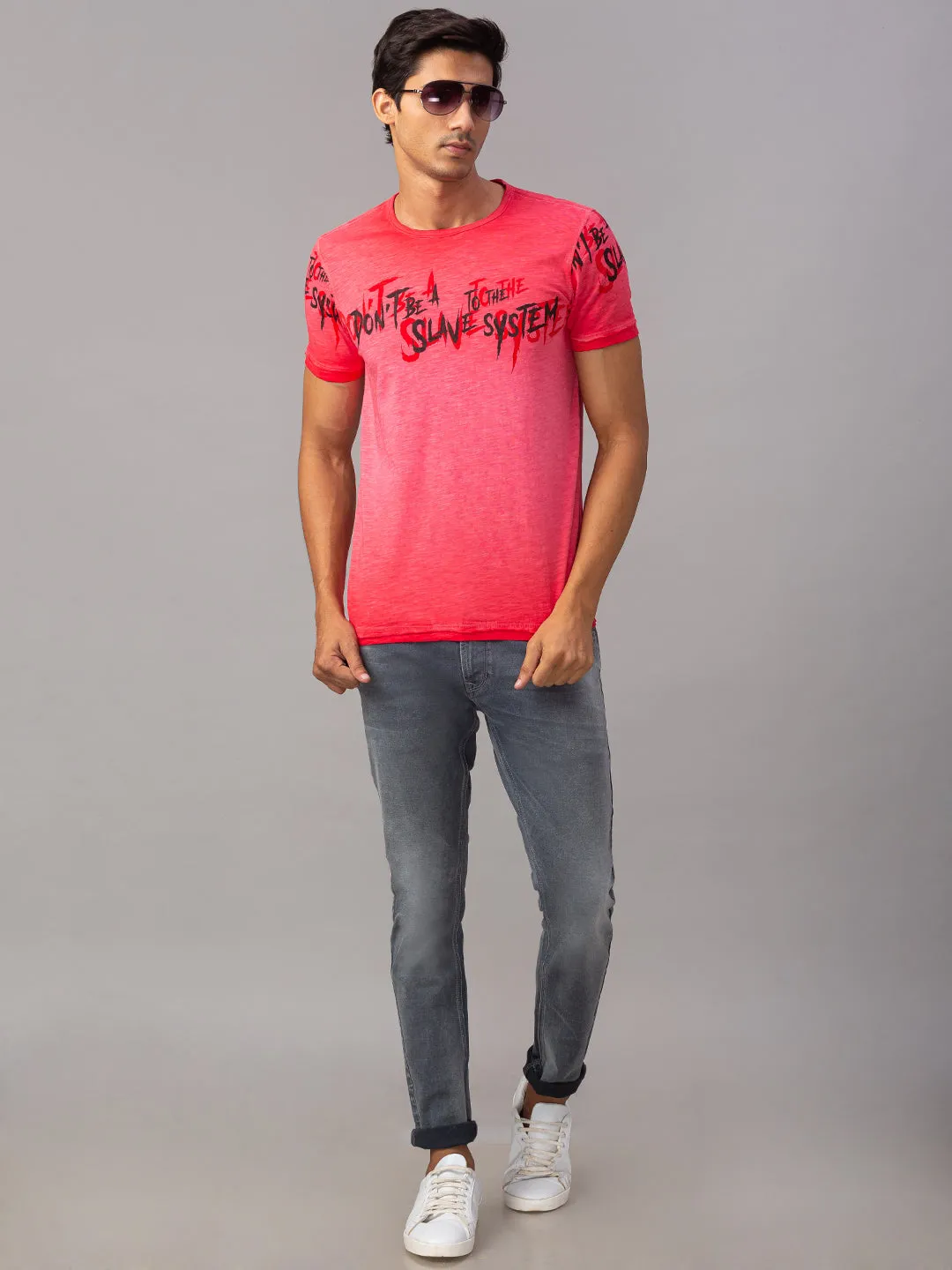 Spykar Men Red Cotton Slim Fit Round Neck T-Shirt