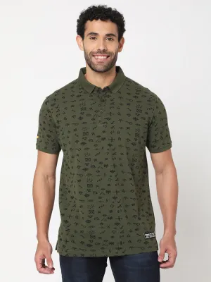 Spykar Men Rifle Green Cotton Slim Fit Printed Polo Tshirt