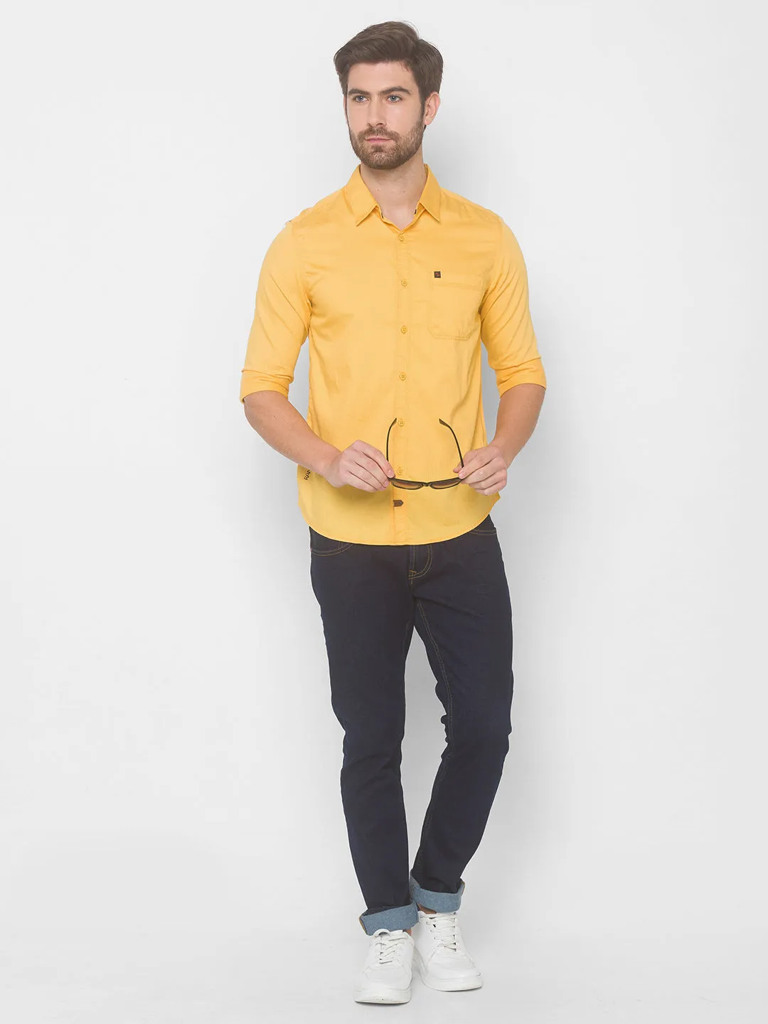 Spykar Men Sunset Yellow Cotton Slim Fit Shirt