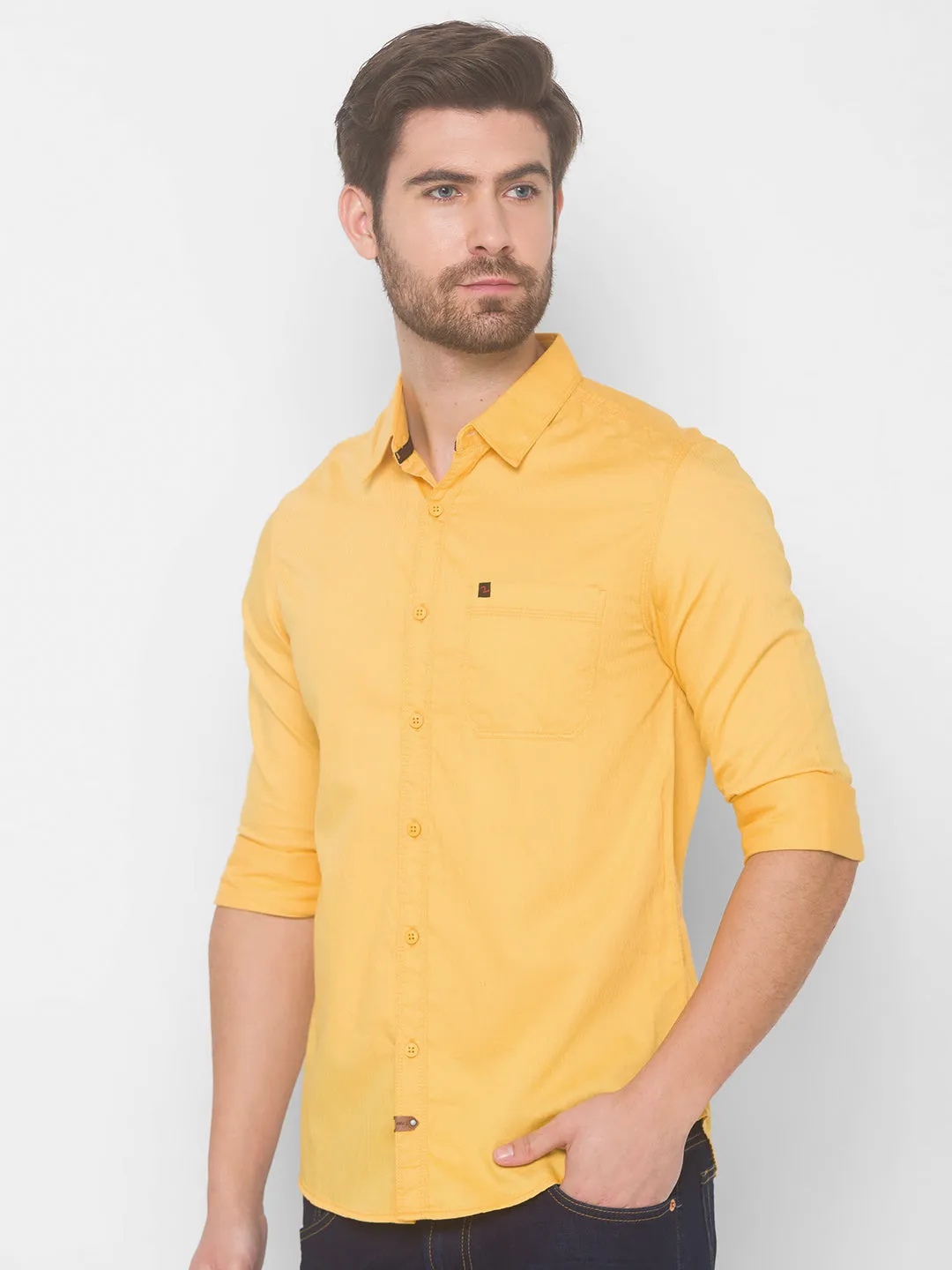 Spykar Men Sunset Yellow Cotton Slim Fit Shirt