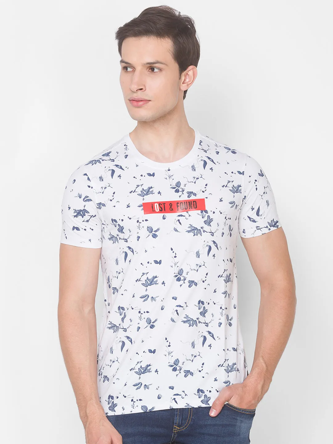 Spykar Men White Printed Cotton T-Shirt