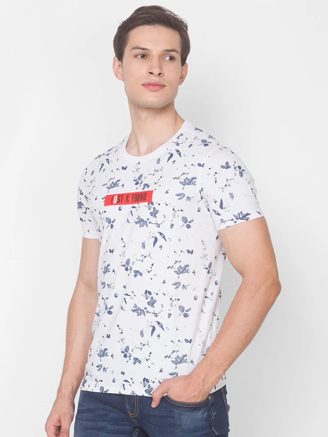 Spykar Men White Printed Cotton T-Shirt