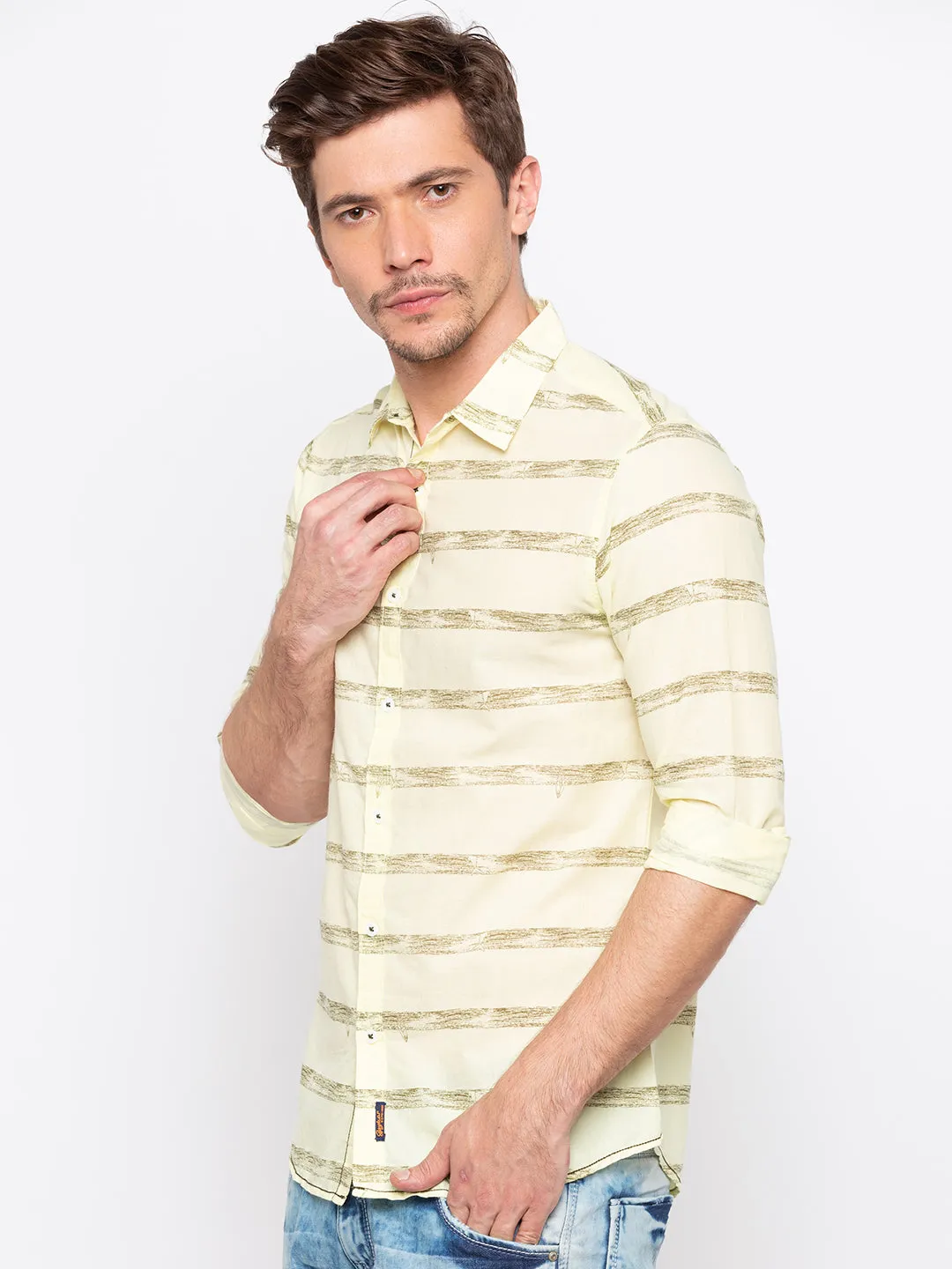 Spykar Men Yellow Striped Slim Fit Casual Shirt