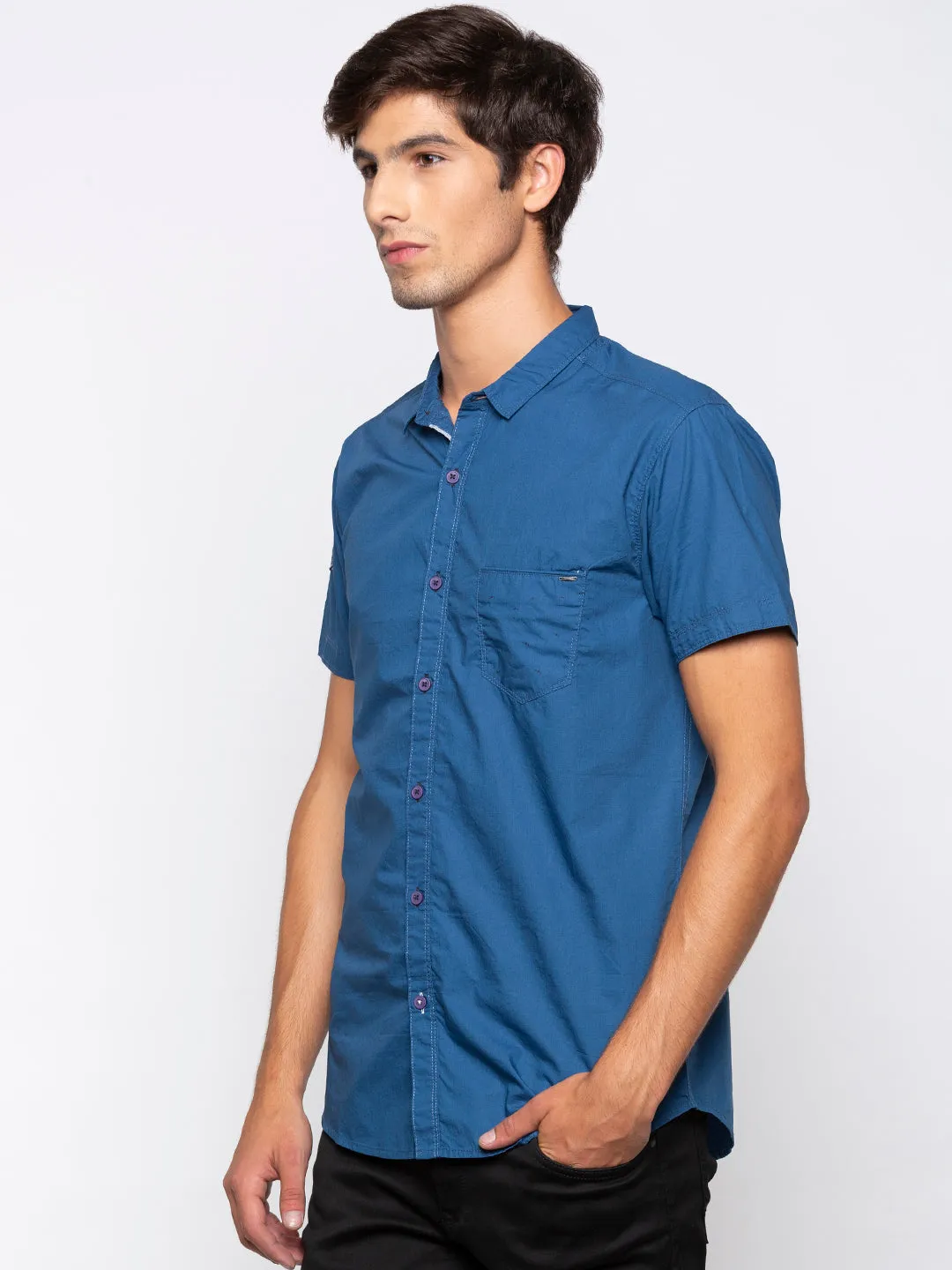 Spykar Slim Fit Men Blue Cotton Casual Shirt