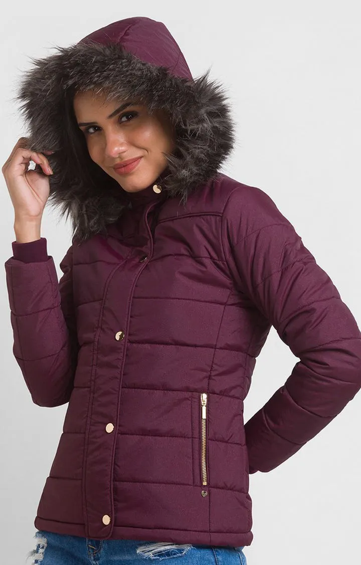 Spykar Wine Polyester Full Sleeve Casual Jacket For Women