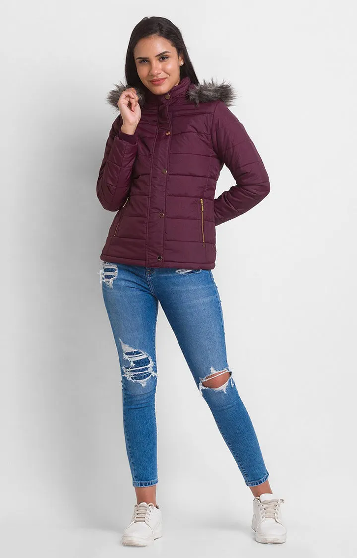 Spykar Wine Polyester Full Sleeve Casual Jacket For Women