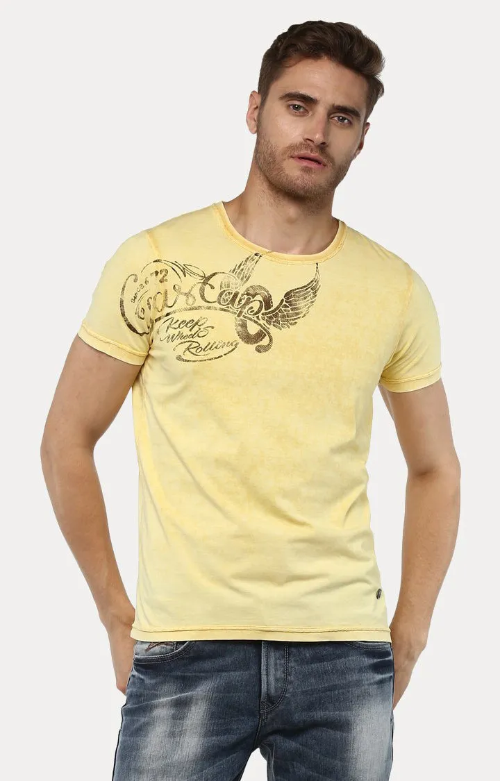 Spykar Yellow Melange Slim Fit Men T-Shirts