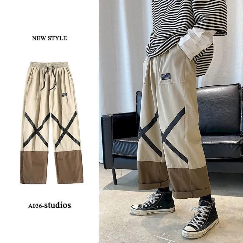 Straight casual pants Men Hong Kong style Korean large size Ankle-length Cargo pants trend all-match wide-leg boot-cut trousers